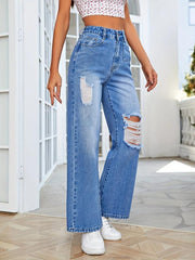 Asymmetrical Slash Pockets Distressed Straight Denim Pants