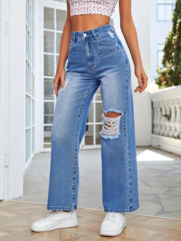 Asymmetrical Slash Pockets Distressed Straight Denim Pants