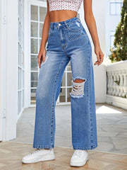 Asymmetrical Slash Pockets Distressed Straight Denim Pants