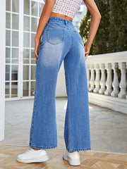 Asymmetrical Slash Pockets Distressed Straight Denim Pants