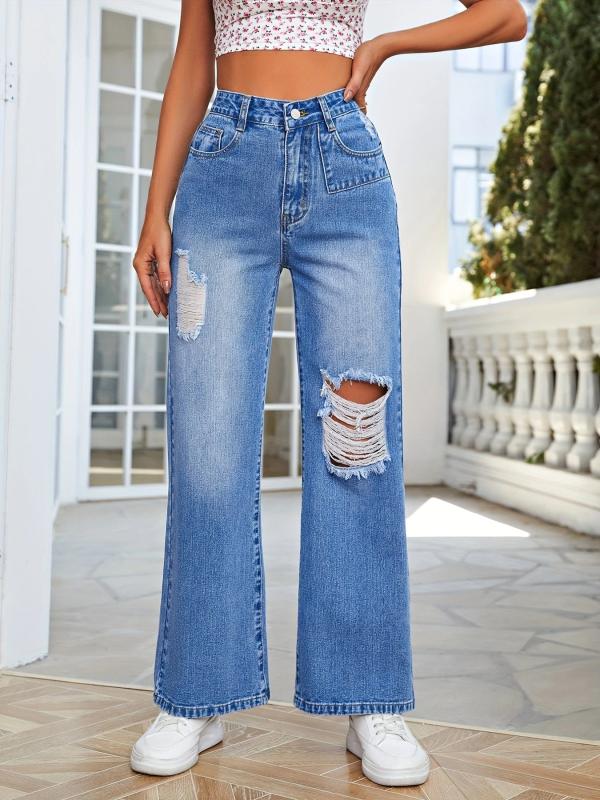 Asymmetrical Slash Pockets Distressed Straight Denim Pants