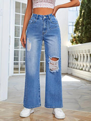 Asymmetrical Slash Pockets Distressed Straight Denim Pants