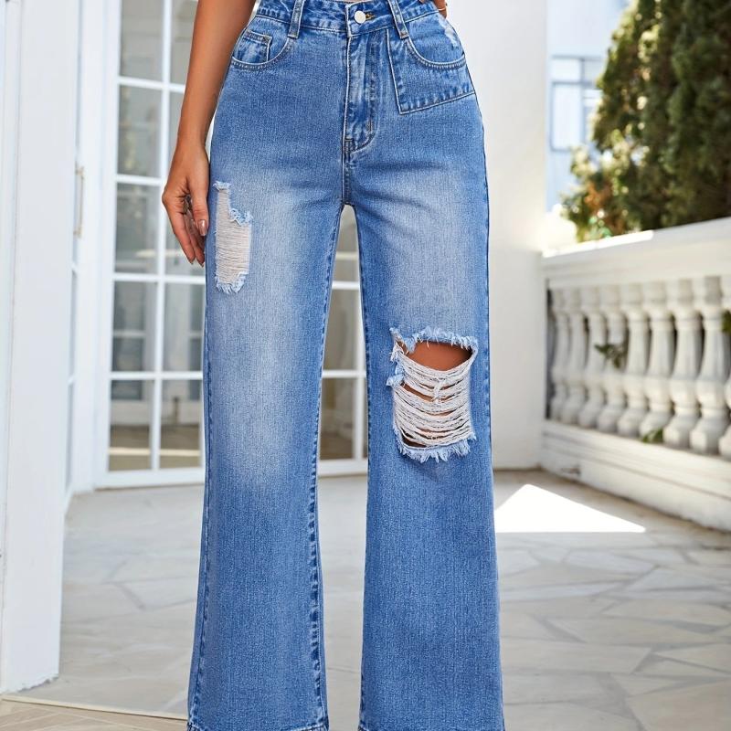 Asymmetrical Slash Pockets Distressed Straight Denim Pants