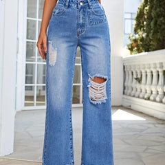 Asymmetrical Slash Pockets Distressed Straight Denim Pants