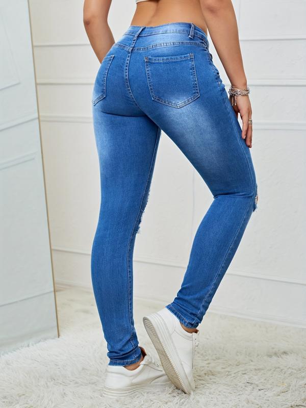 Distressed Skinny Jeans High Stretch Denim Trousers