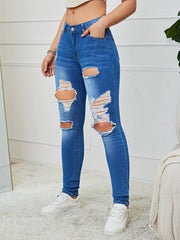Distressed Skinny Jeans High Stretch Denim Trousers