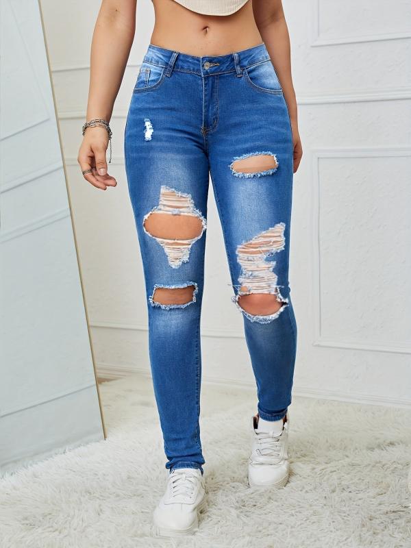 Distressed Skinny Jeans High Stretch Denim Trousers