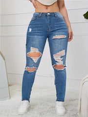 Distressed Skinny Jeans High Stretch Denim Trousers