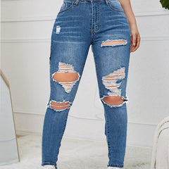Distressed Skinny Jeans High Stretch Denim Trousers