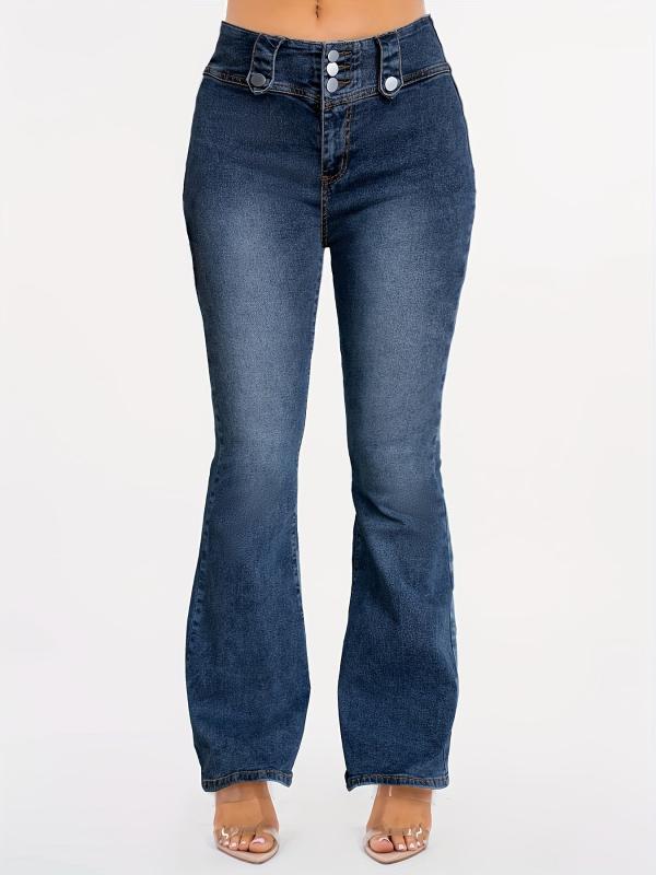 Button Flared Jeans High Waist Bell Bottom High Rise Denim Pants