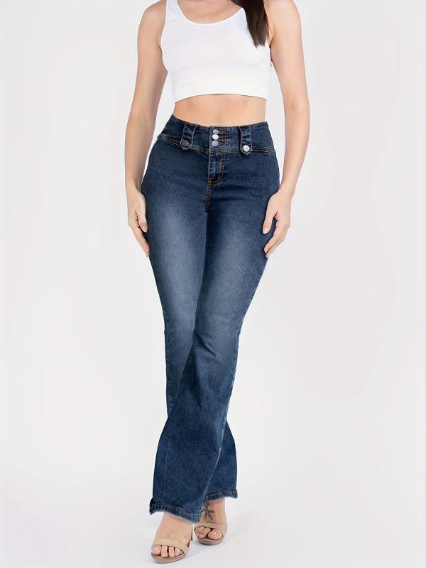 Button Flared Jeans High Waist Bell Bottom High Rise Denim Pants