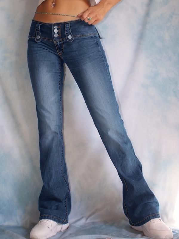 Button Flared Jeans High Waist Bell Bottom High Rise Denim Pants