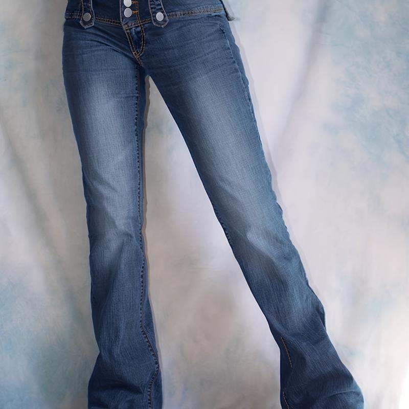 Button Flared Jeans High Waist Bell Bottom High Rise Denim Pants