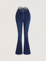 Lace Up Flare Jeans Mid Stretch Slim Fit Casual Bell Bottom Jeans
