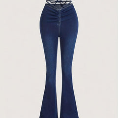 Lace Up Flare Jeans Mid Stretch Slim Fit Casual Bell Bottom Jeans