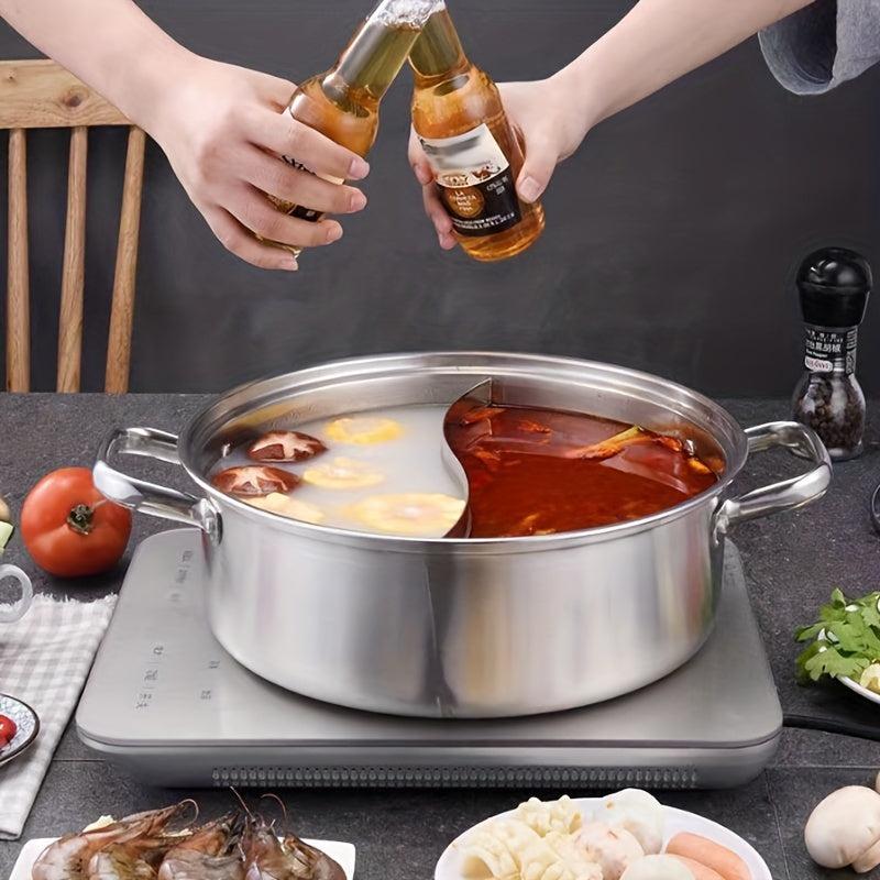 1pc Chinese Hot Pot With Lid Thicken Stainless Steel 2 In 1 Divided Hotpot