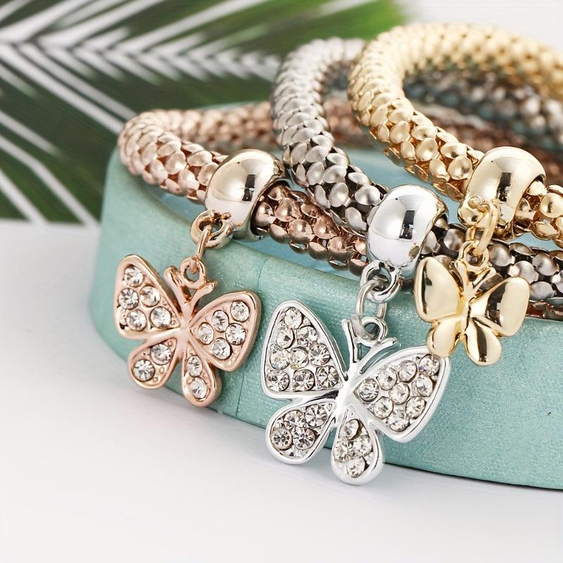 3pcs Mini Butterfly Pendant Bracelet Set Inlaid Rhinestone Hand Jewelry