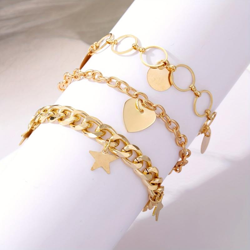 Love Heart Round Star Pendant Bracelet Set Punk Style Stackable Hand Chain