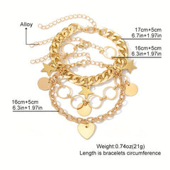 Love Heart Round Star Pendant Bracelet Set Punk Style Stackable Hand Chain