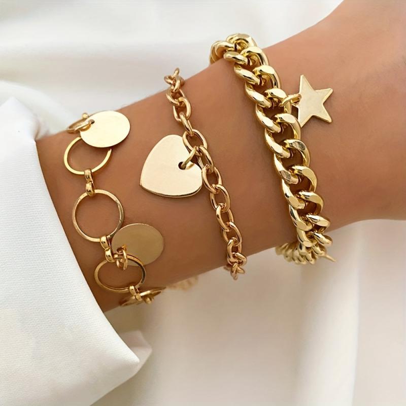 Love Heart Round Star Pendant Bracelet Set Punk Style Stackable Hand Chain