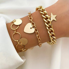 Love Heart Round Star Pendant Bracelet Set Punk Style Stackable Hand Chain