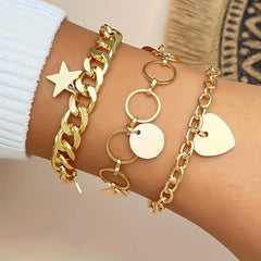 Love Heart Round Star Pendant Bracelet Set Punk Style Stackable Hand Chain