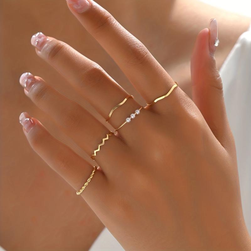 5pcs Stacking Rings 14k Plated Wave Intertwine Mix And Match Silvery Or Golden