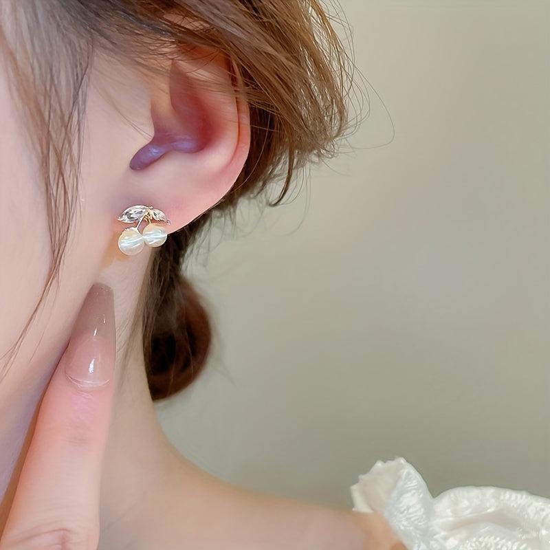 Cherry Stud Earrings Moon Stone Inlaid Lightweight Alloy Jewelry Style