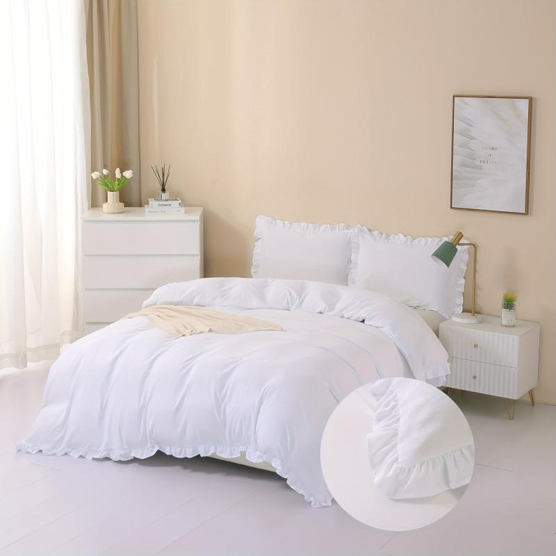 3pcs Ruffle Duvet Cover Solid Poly Bedding Soft Breathable