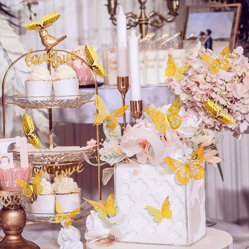 12pcs Golden Hollow Butterfly Cake Toppers for Birthday Wedding Theme Parties