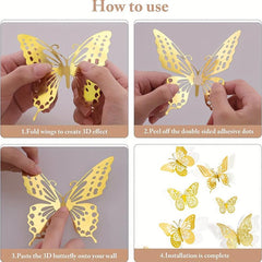 12pcs Golden Hollow Butterfly Cake Toppers for Birthday Wedding Theme Parties