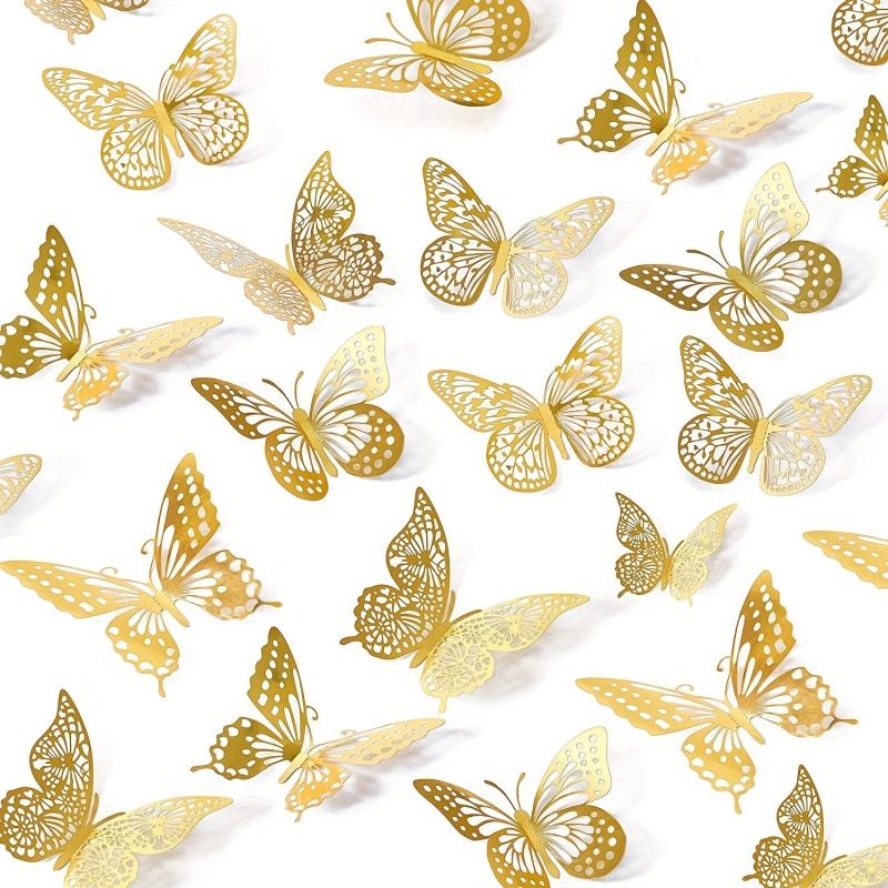 12pcs Golden Hollow Butterfly Cake Toppers for Birthday Wedding Theme Parties