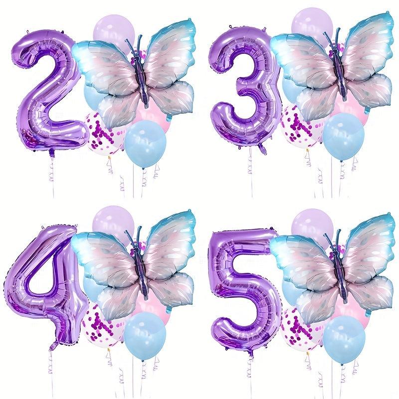 11pcs Purple Butterfly Foil Balloons Number Ballons Happy Birthday Party Decorat
