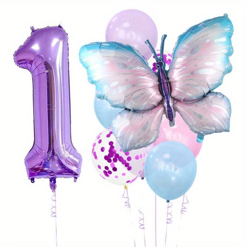 11pcs Purple Butterfly Foil Balloons Number Ballons Happy Birthday Party Decorat