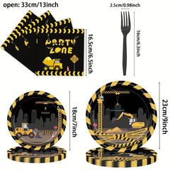 24pcs Engineering Car Party Supplies Paper Plates Napkins Forks Decorations