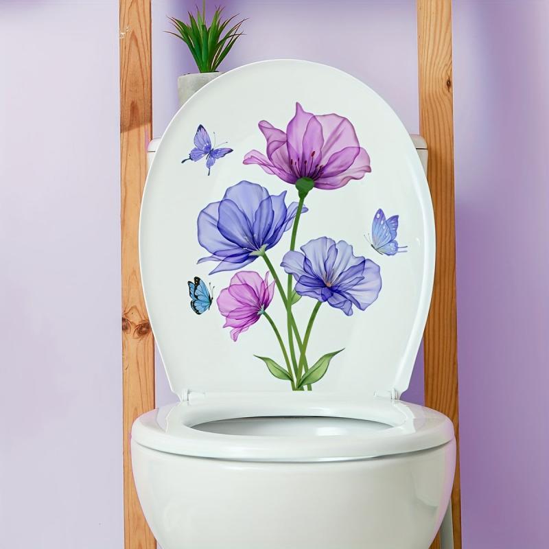 Flower Pattern Toilet Lid Decal Self Adhesive Sticker Bathroom Decor