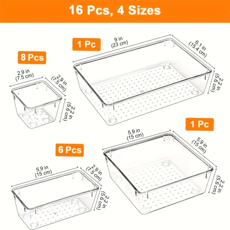 16pcs Clear Drawer Organizer Set for Home Bathroom Bedroom Dresser