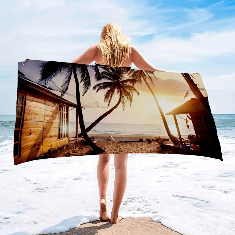 Large Microfiber Beach Towel Coconut Tree Seaside House Lightweight Fast Drying