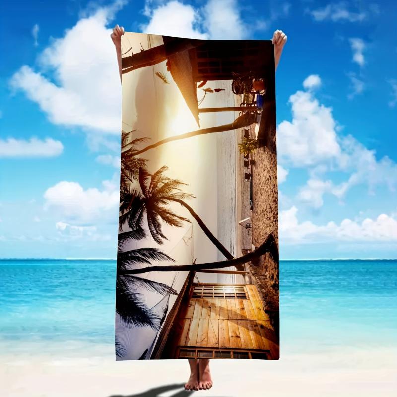 Large Microfiber Beach Towel Coconut Tree Seaside House Lightweight Fast Drying