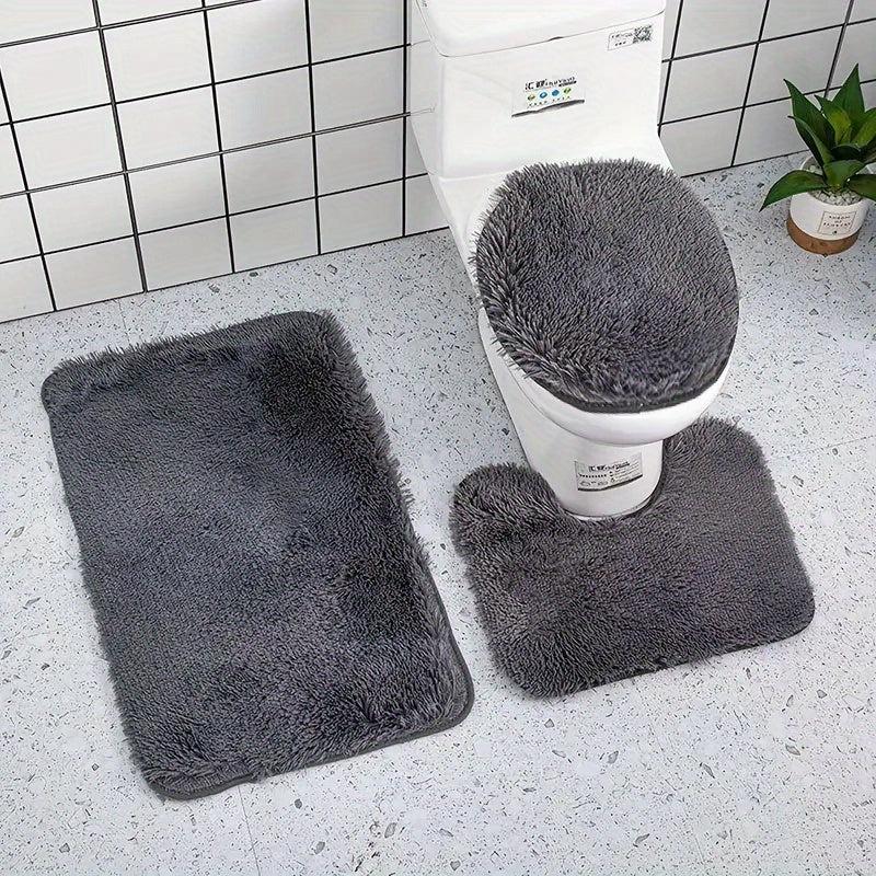 3pc Shaggy Bath Mat Set Non Slip Machine Washable Rug Soft Shower Rugs