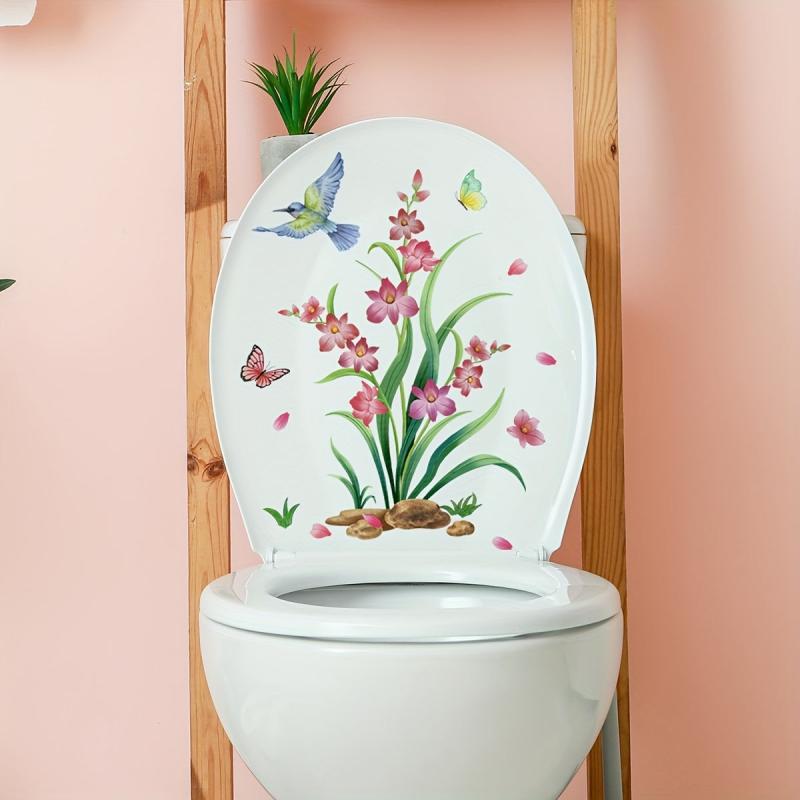 Flower Pattern Toilet Lid Decal Self Adhesive Sticker Bathroom Decor