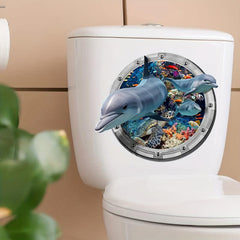 Cartoon 3D Dolphin Diving Mirror Toilet Sticker Bathroom Decoration 25x9in