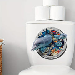 Cartoon 3D Dolphin Diving Mirror Toilet Sticker Bathroom Decoration 25x9in