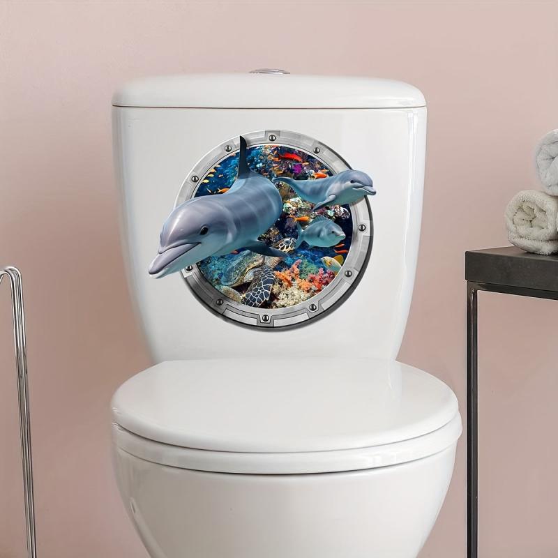 Cartoon 3D Dolphin Diving Mirror Toilet Sticker Bathroom Decoration 25x9in