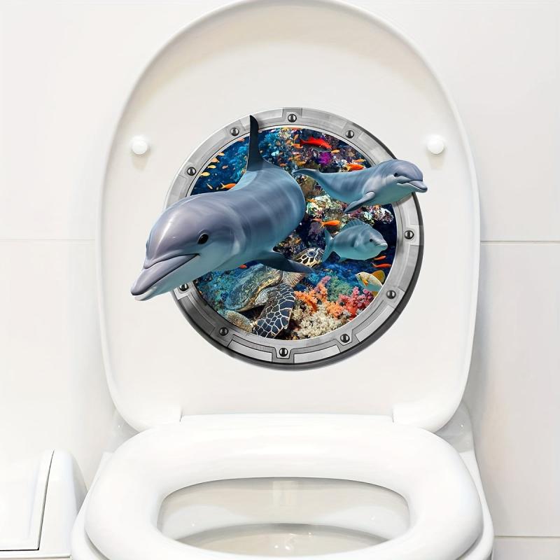 Cartoon 3D Dolphin Diving Mirror Toilet Sticker Bathroom Decoration 25x9in