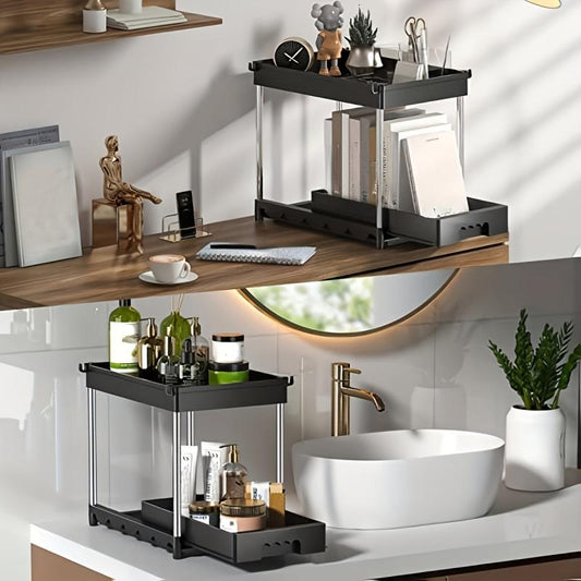 Large Capacity Under Sink Organizer with Sliding Drawer and Extra Hooks