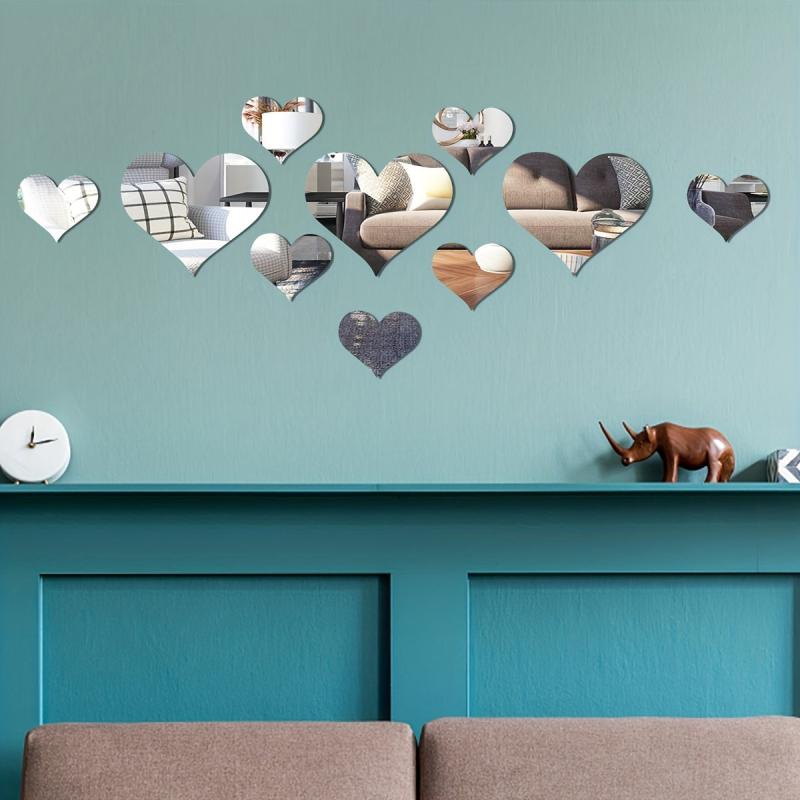 10pcs Heart Shape Mirror Wall Sticker Set for Living Room and Bedroom