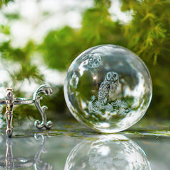 3D Laser Crystal Owl Ball Decorative Glass Sphere with Stand
