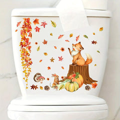 Autumn Scene Toilet Sticker - Maple Leaf Pumpkin Squirrel Wall Decoration