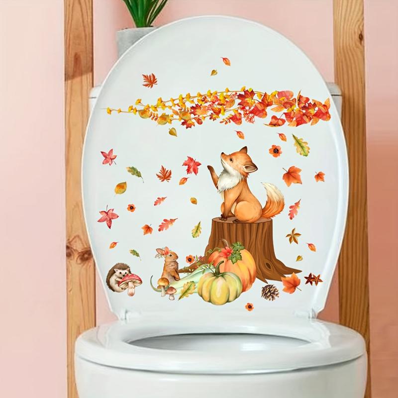 Autumn Scene Toilet Sticker - Maple Leaf Pumpkin Squirrel Wall Decoration